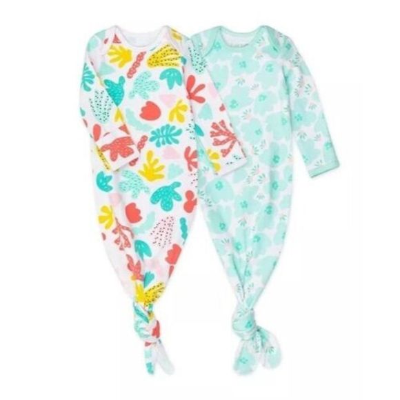 X2 MAC & MOON KNOTTED INFANT GOWNS ORGANIC COTTON FLORAL CORAL REEF-ONE SIZE - Picture 1 of 6